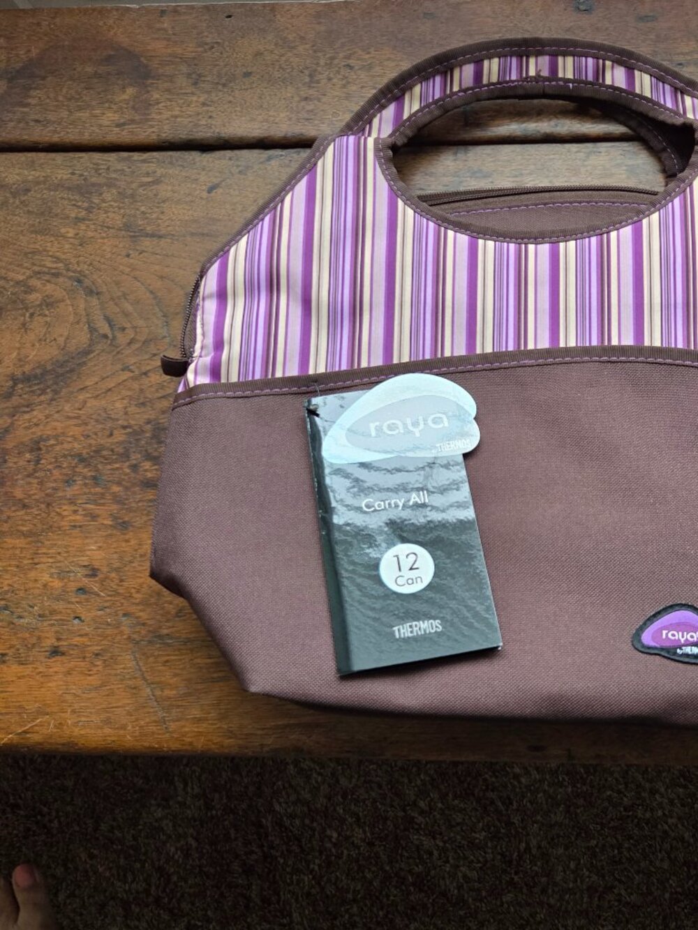 Thermos Raya Insulated Lunch Tote Brown Purple Stripes Carry All- 12 Can NWT